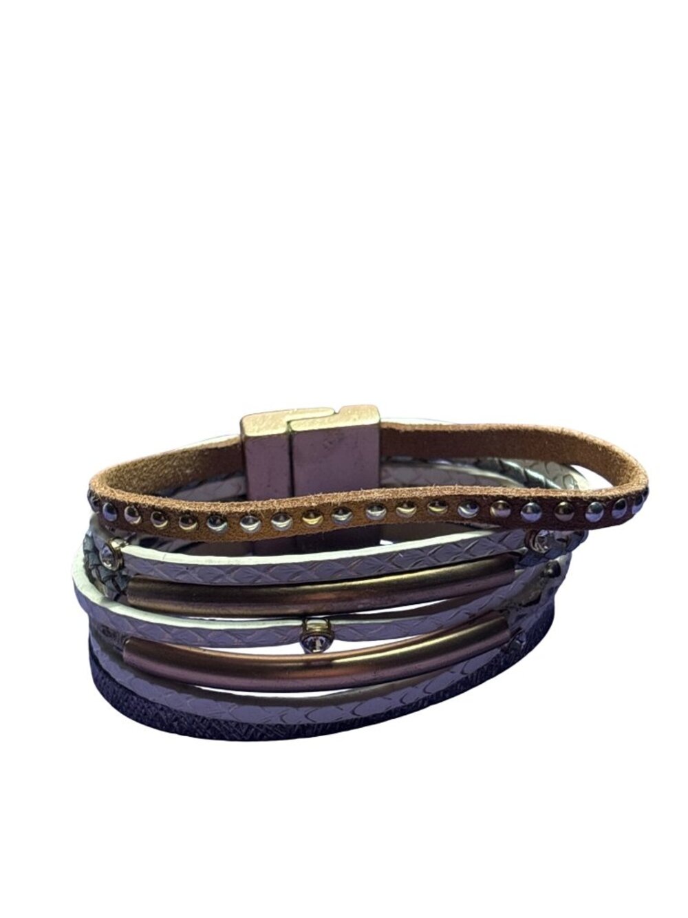 Multi Strand Faux Leather Bracelet Magnetic Clasp Studded Clear Rhinestones